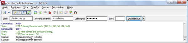 FileZilla med informationen för Photohomes ftp ifylld.